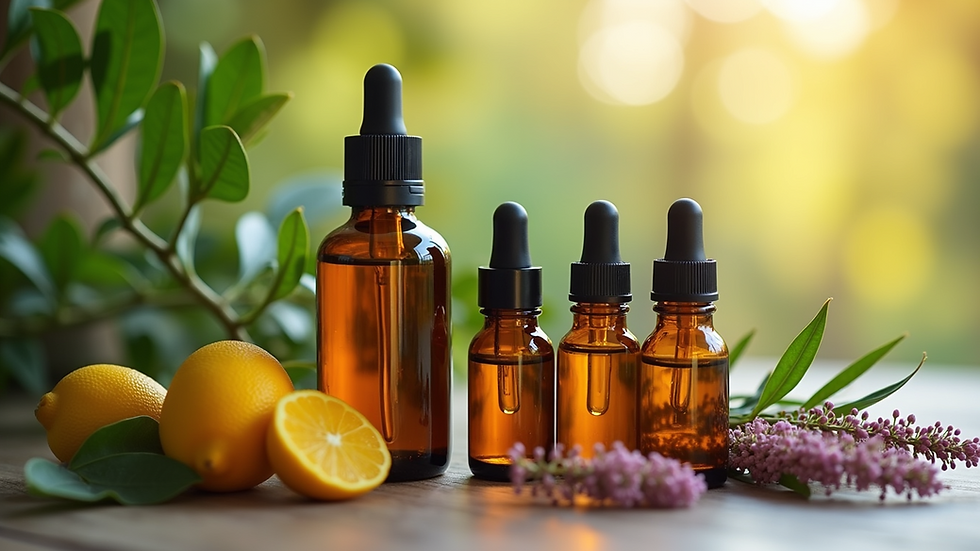 Eye-level view of a beautifully arranged collection of essential oils