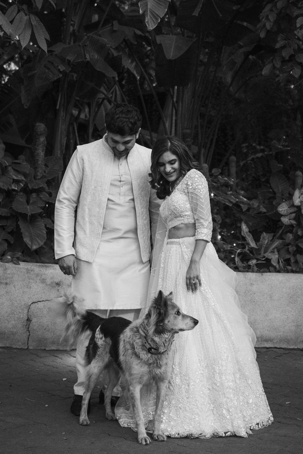 Bride and groom with a dog, black and white.