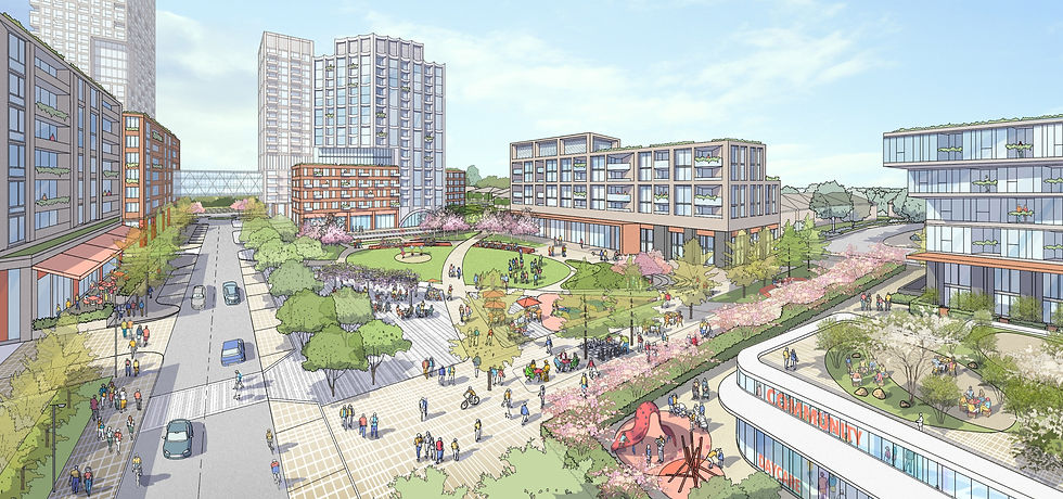 Proposed concept rendering with pedestrians, a community centre and playground
