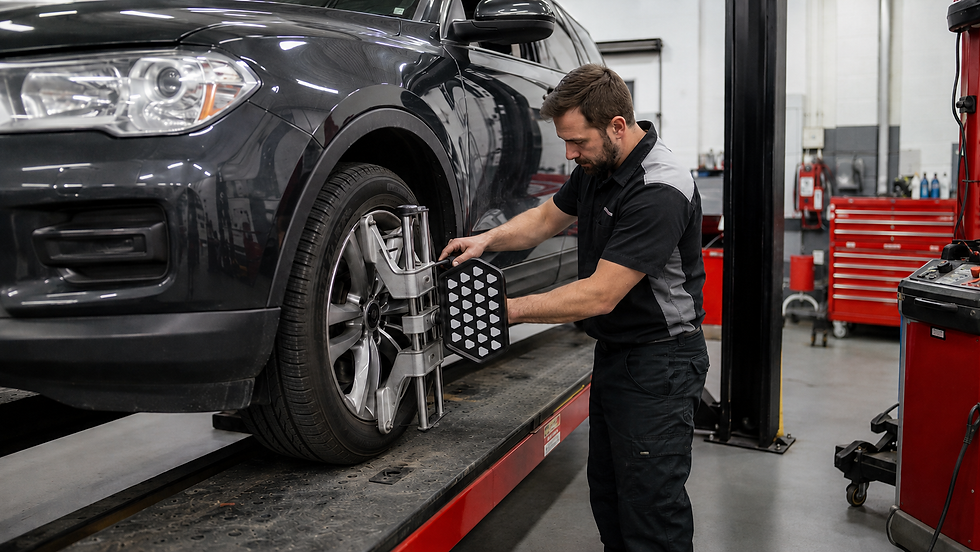 Auto technician performing a wheel alignment on an SUV at KTC Auto Care in Pantego, TX.