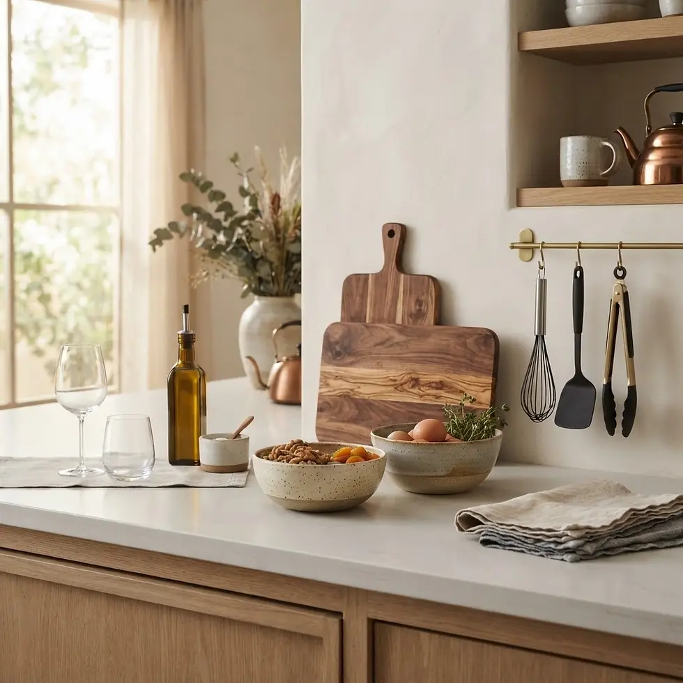 Studio photography of a modern, organized kitchen countertop with wooden cutting boards, ceramic bowls, and hanging utensils. The scene has a warm, minimalist atmosphere with soft, natural light filtering in.