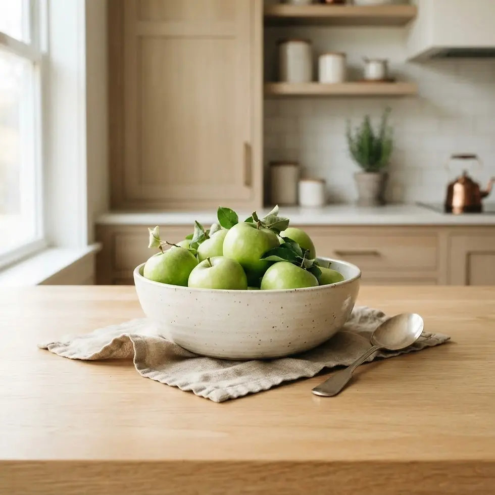Studio photography of a ceramic bowl filled with crisp green apples on a rustic wooden table. The kitchen background is bright and natural, creating a warm, wholesome atmosphere.