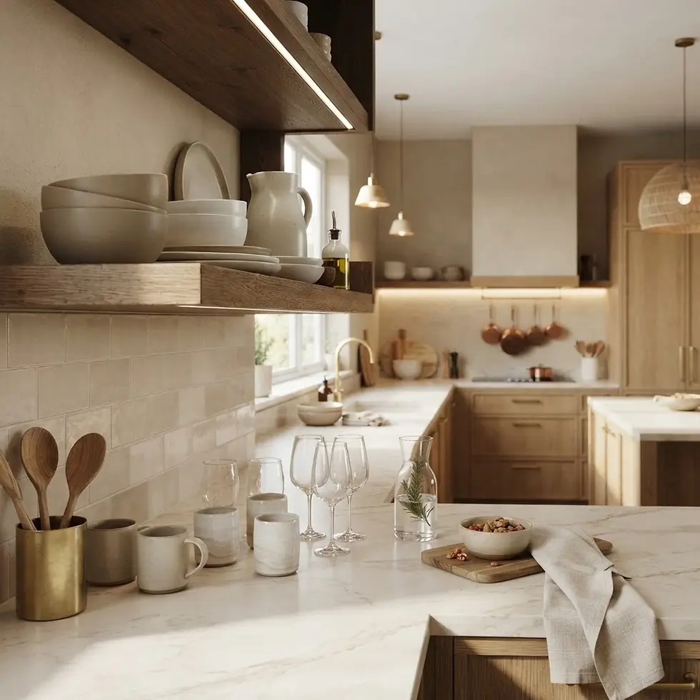 Interior design photography of a warm, minimalist kitchen with wooden shelving, natural marble countertops, and soft ambient lighting. The space conveys a cozy, high-end, and inviting domestic atmosphere.