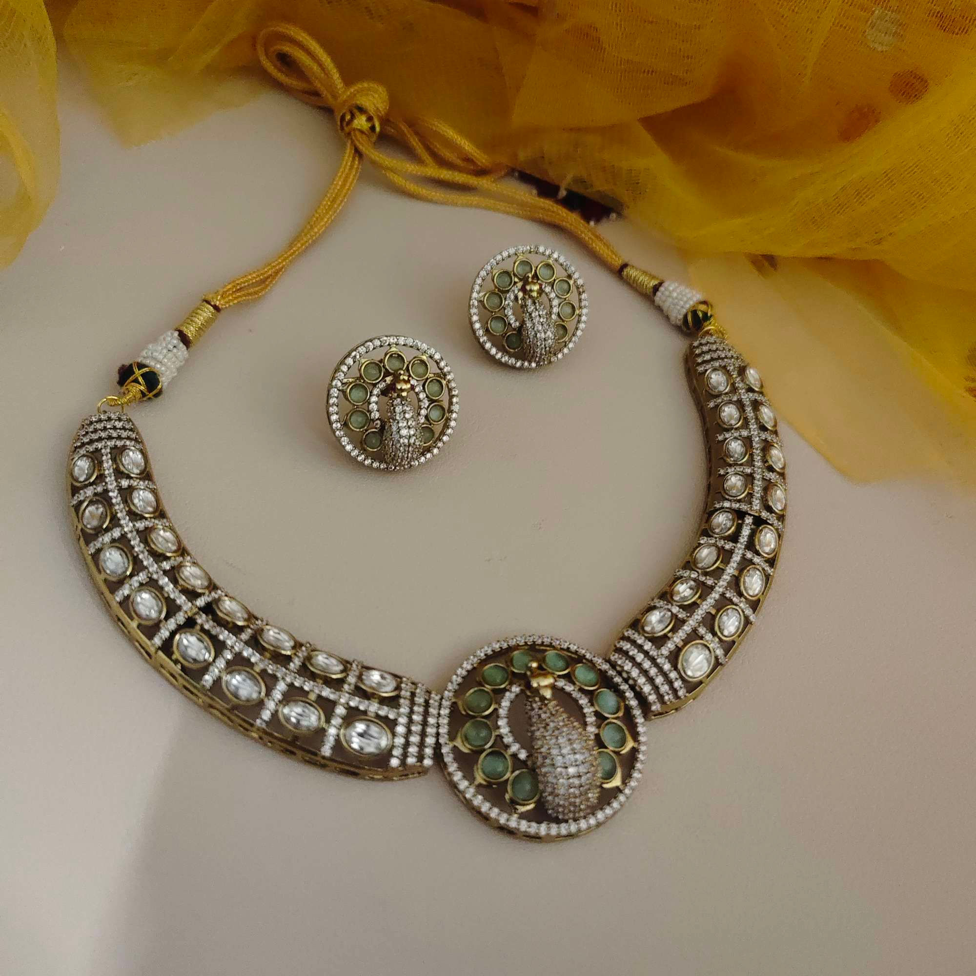 NAZNEEN CZ Polki Peacock Necklace Earrings Set -Mint