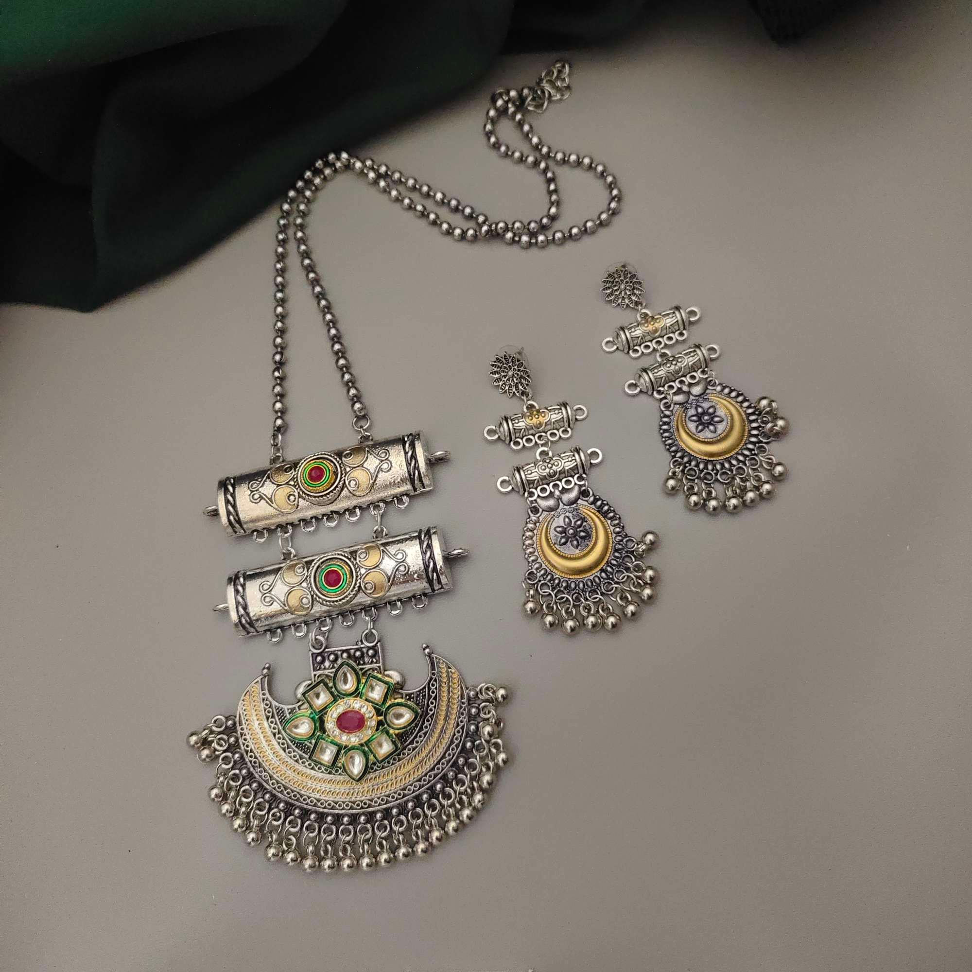 SWARA Two Tone Long Chain Necklace Earrings Set 