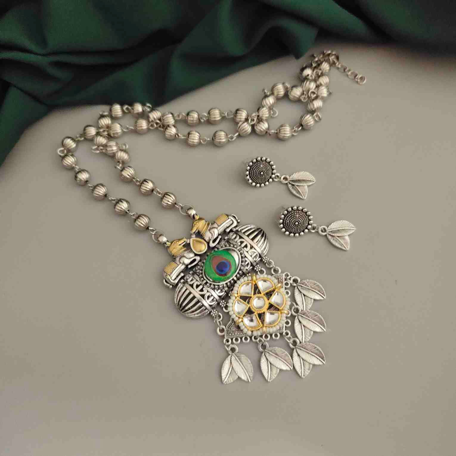 Oxidised Peacock Long Necklace Earrings Set 