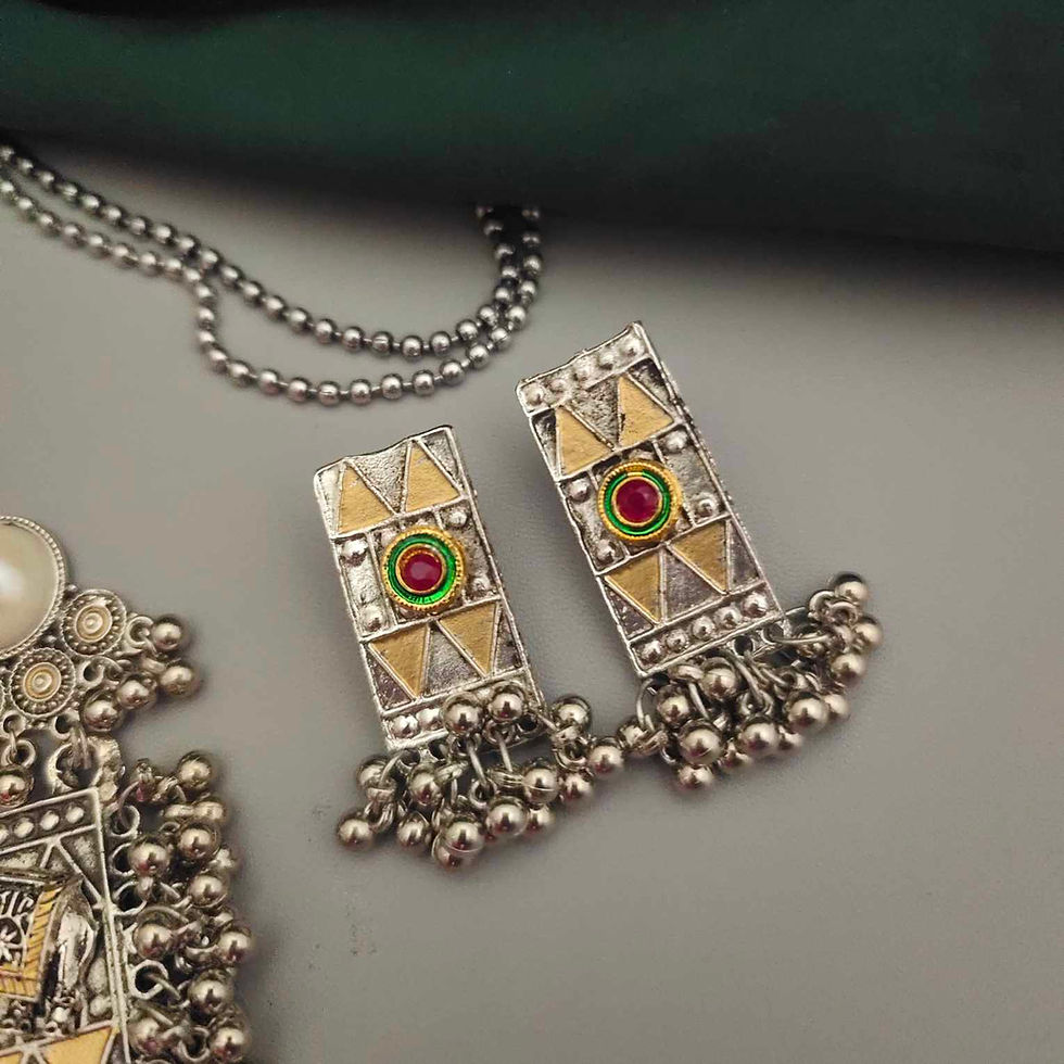 Thumbnail: Oxidised Two Tone Chain Necklace Earrings Set 