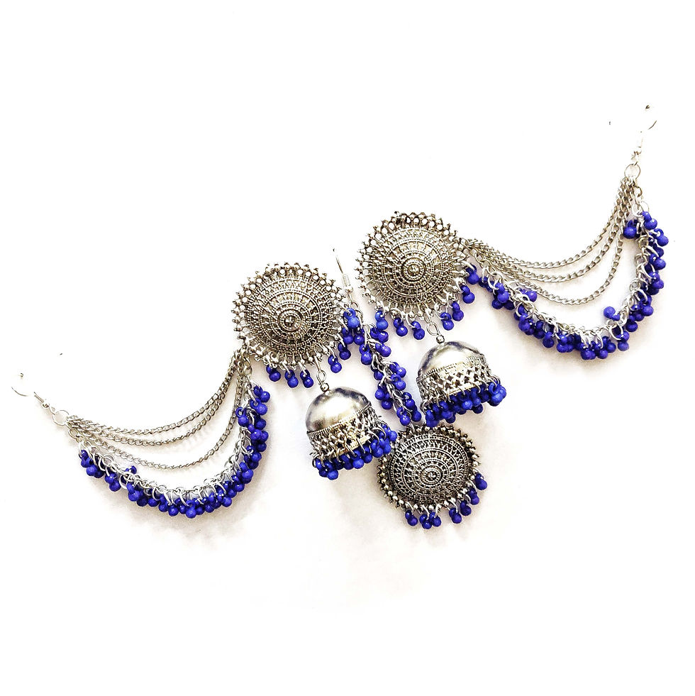 Oxidised Lightweight Blue Earrings Chain Jhumka and Mangtika Combo set