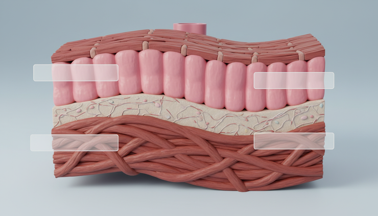 Close-up view of a bladder wall model showing the detrusor muscle and urothelial lining.