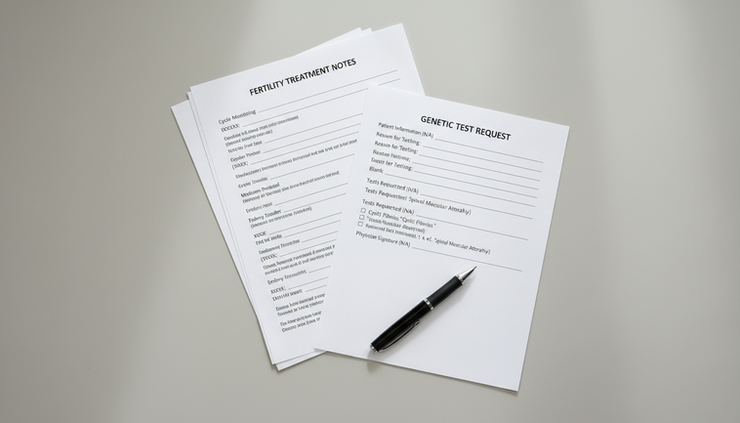 Overhead view of labelled fertility treatment notes and a genetic test request form.