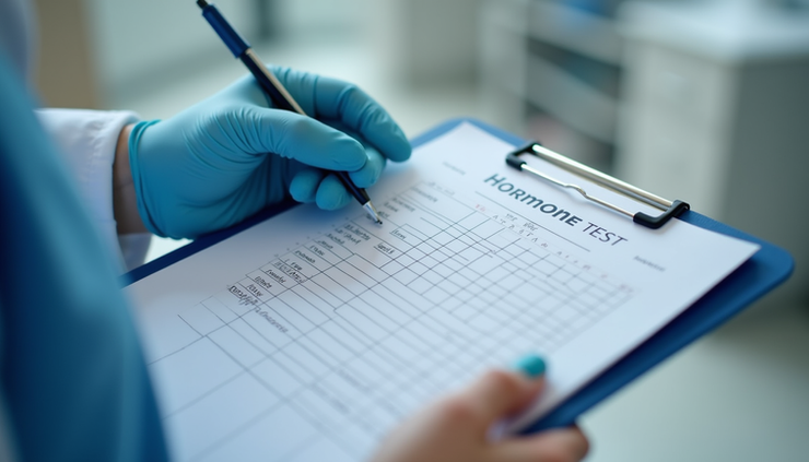 Eye-level view of a medical professional reviewing hormone test results on a clipboard
