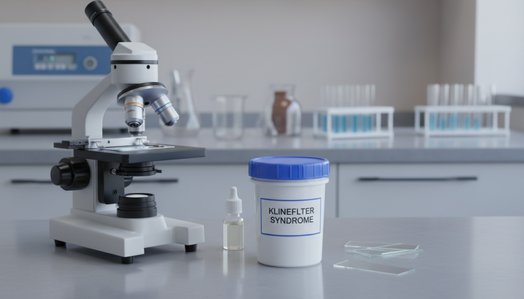 Eye-level view of a semen analysis sample beside a microscope in a fertility laboratory