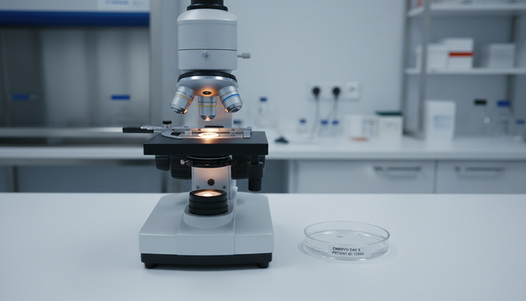Close-up view of a laboratory microscope prepared for sperm assessment.