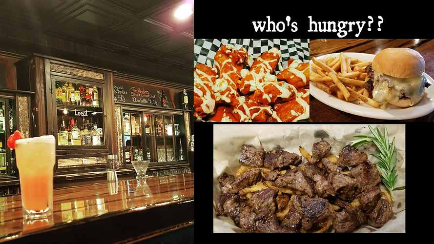 Great White Buffalo Wings, Steak Bites, Burger, Fries, and a cocktail. 