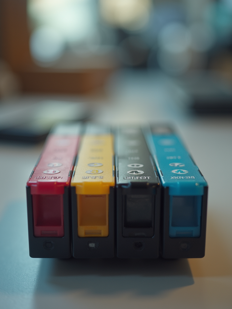 A row of colorful inkjet printer cartridges lined up against a sterile background.