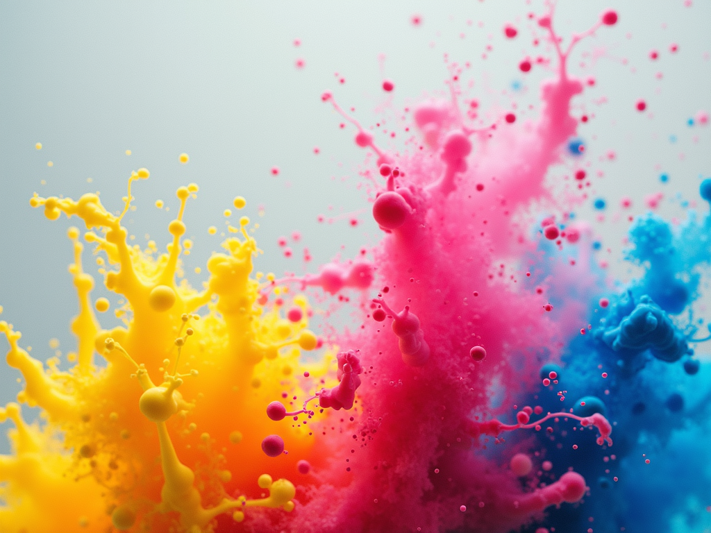 A vibrant abstract splash of cyan magenta and yellow printer ink on a crisp white surface.