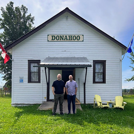 Jake & Jeremy Bergen in front of Donahoo Schoolhouse, Wildwood, Alberta, Canada.