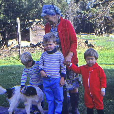 On the farm with Anna Myrholm; Wildwood, Alberta, Canada, circa 1980s.
