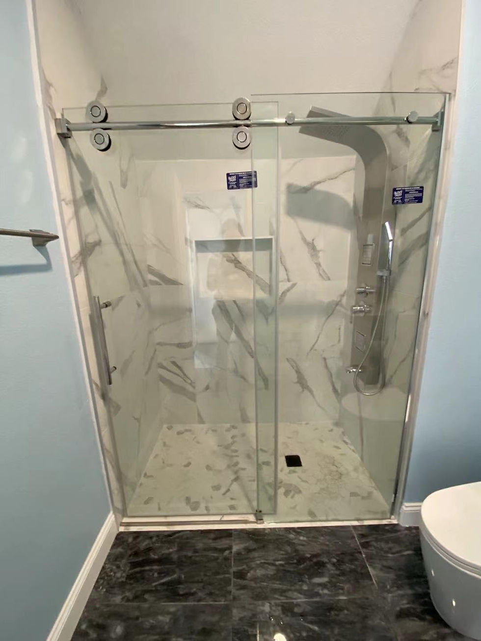 Thumbnail: UNIKOO 56"- 60" W×84" H Frameless Stainless Steel Sliding Shower Door in Brig...