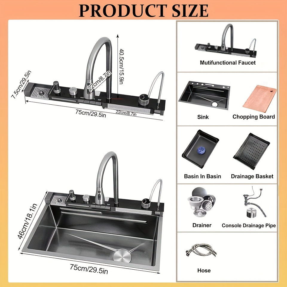 Thumbnail: 30x18 Inch Two Waterfalls Nano Smart Kitchen Sink with Digital Display Pull-Out 