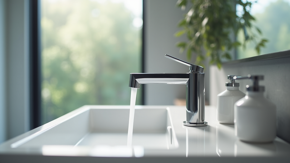 Close-up view of a sleek modern touchless faucet in a bathroom sink