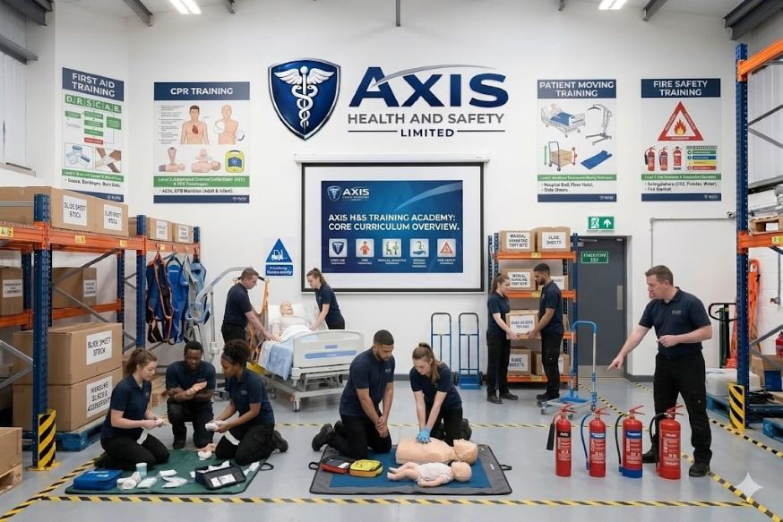 Health and safety training with CPR, patient care, and fire extinguisher practice at Axis Health and Safety Ltd.