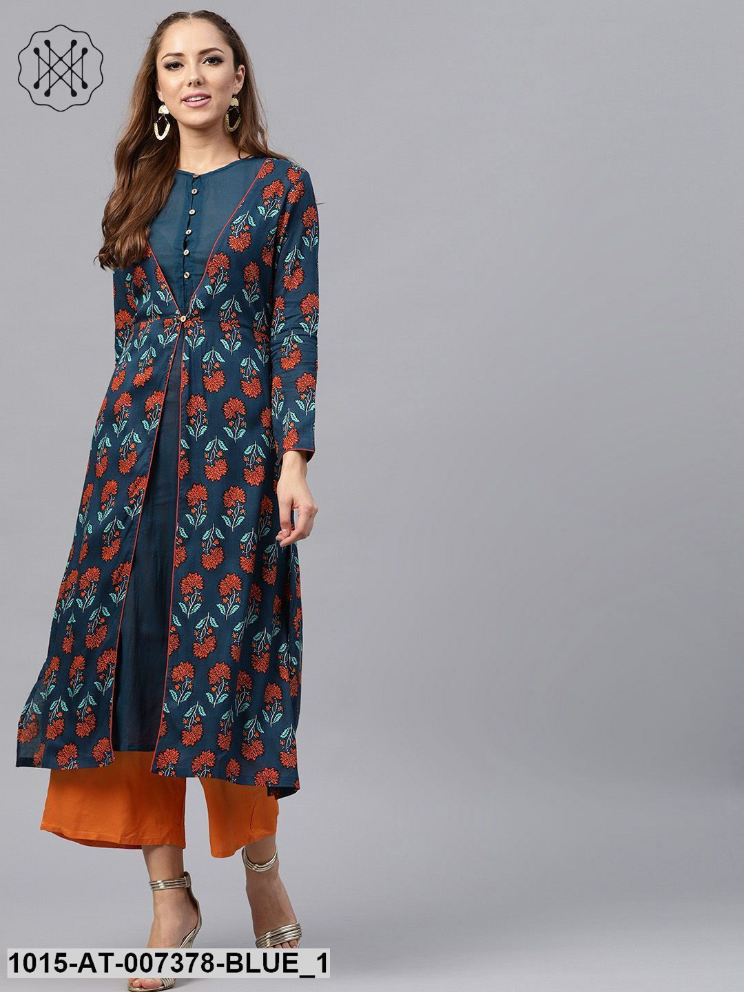 Rayon Blue Crinkled Ethnic Kurta With Jacket