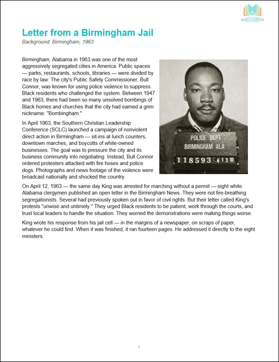 Thumbnail: Letter from a Birmingham Jail Lesson Plan | Civil Rights Movement DBQ & CER