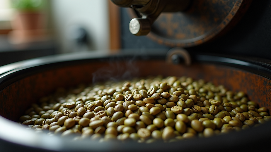 Eye-level view of a coffee roaster with green coffee beans inside