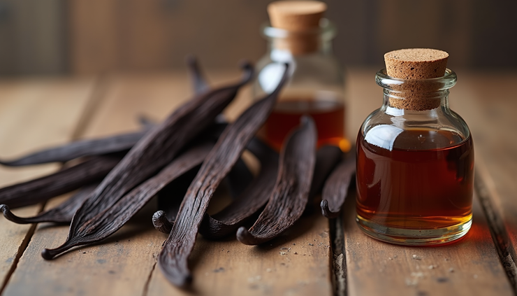 Close-up view of vanilla beans and vanilla extract bottles on a wooden surface