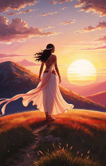 une femme très féminine, sacrée, de dos,