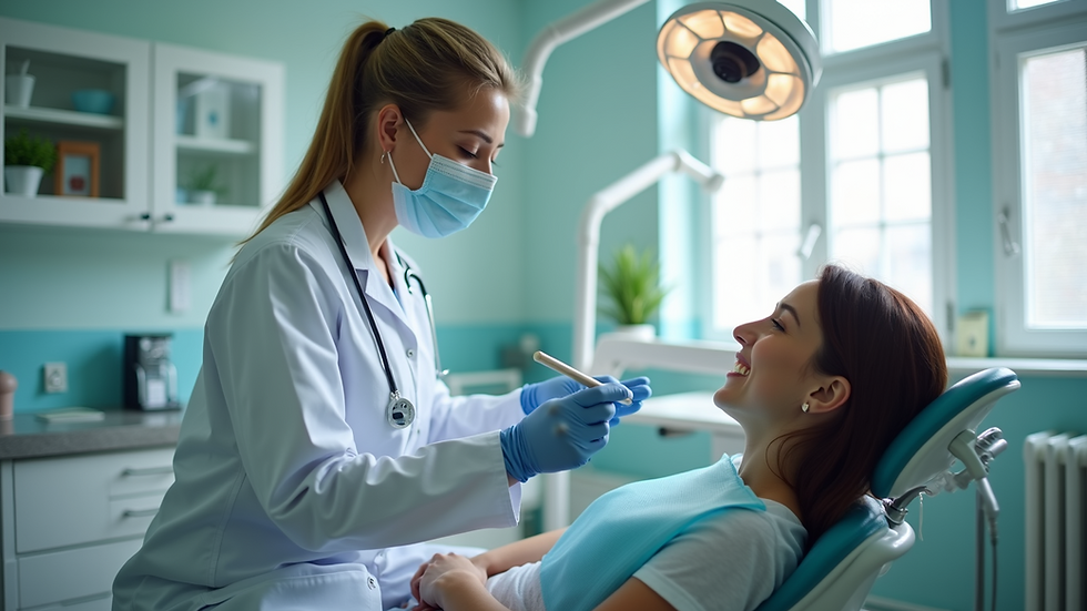 Eye-level view of a dental professional interacting with a patient in a calming dental office