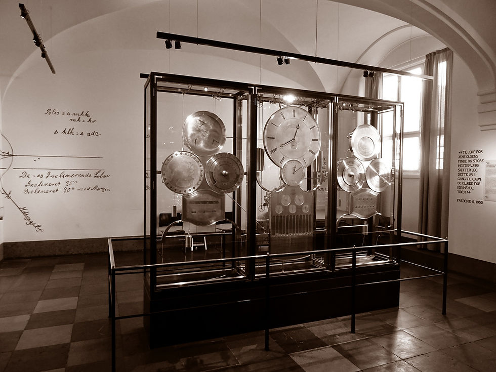 Jens Olsen's World Clock inside Copenhagen City Hall, shown in sepia