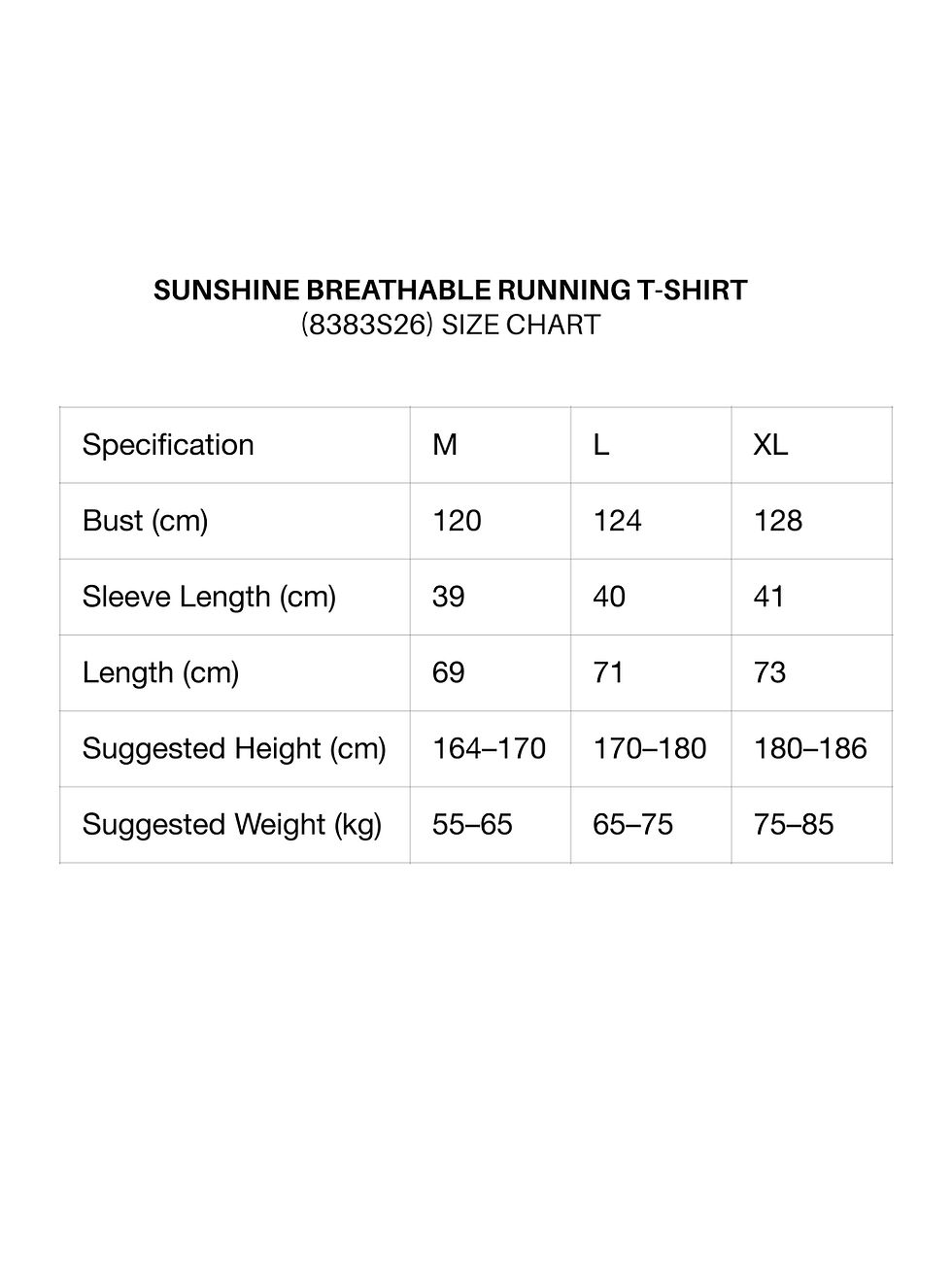 Thumbnail: Sunshine Breathable Running T-Shirt Size Chart