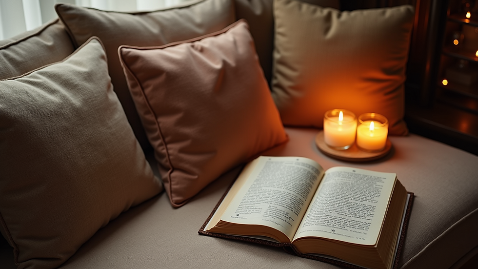 High angle view of a cozy corner with cushions, candles, and a journal