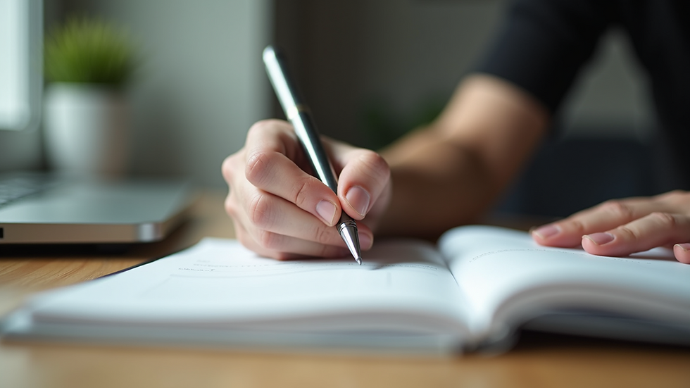 Eye-level view of a person writing goals in a notebook