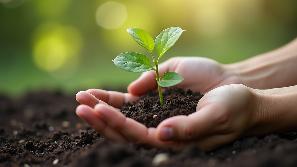 Close-up view of two hands holding a small plant growing from soil, symbolizing growth and healing