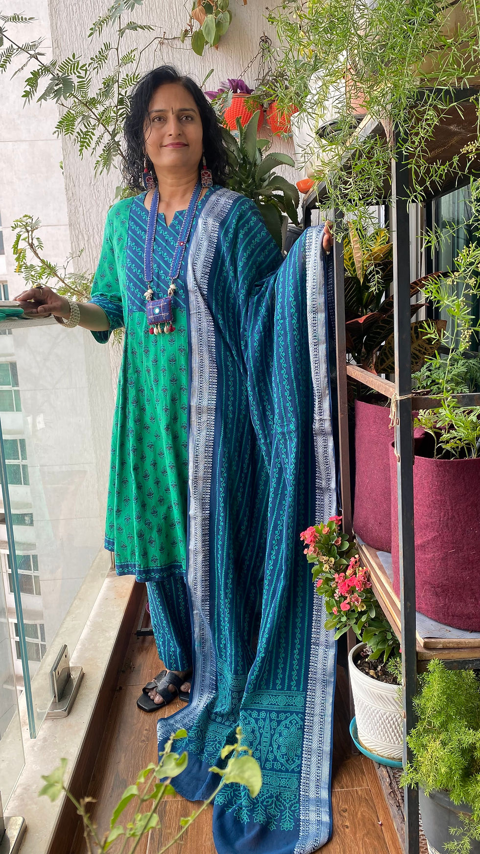 Thumbnail: Blue green cotton hand blockprinted kalidar kurta set
