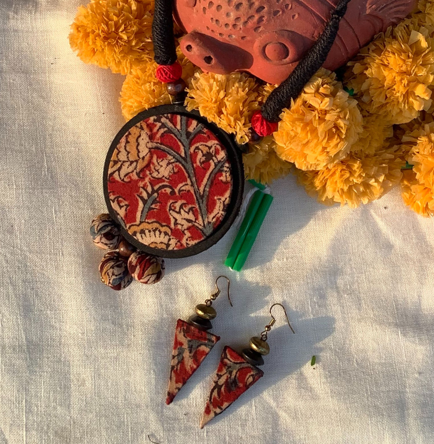 Red half moon blockprinted Fabric Jewellery