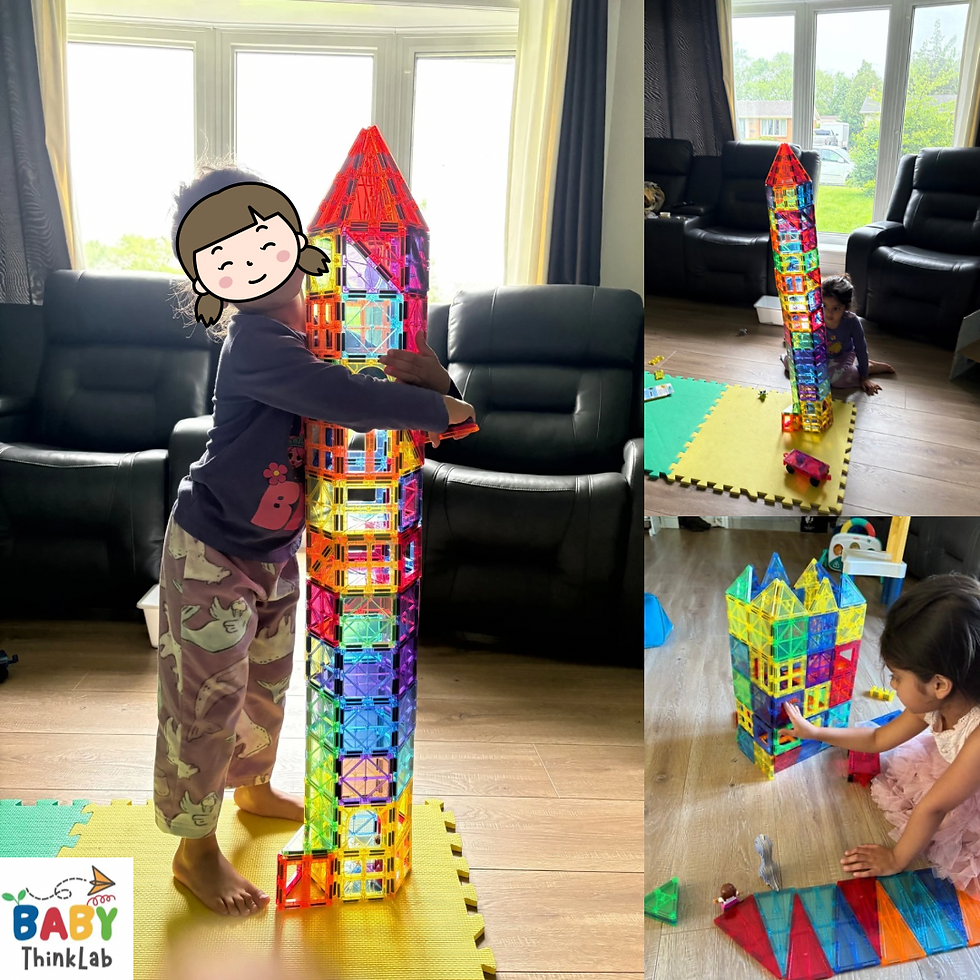 Picasso Tiles Review for Magnetic Strength : My 4-year-old kiddo building a tall tower with Magna-Tiles knock-off 