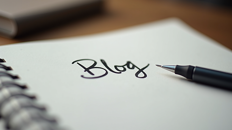 Close-up view of a notebook with handwritten blog ideas and a pen