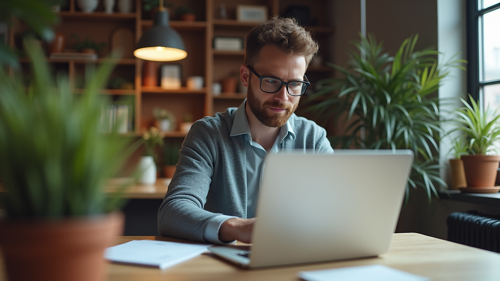Eye-level view of a small business owner working on a laptop in a cozy office