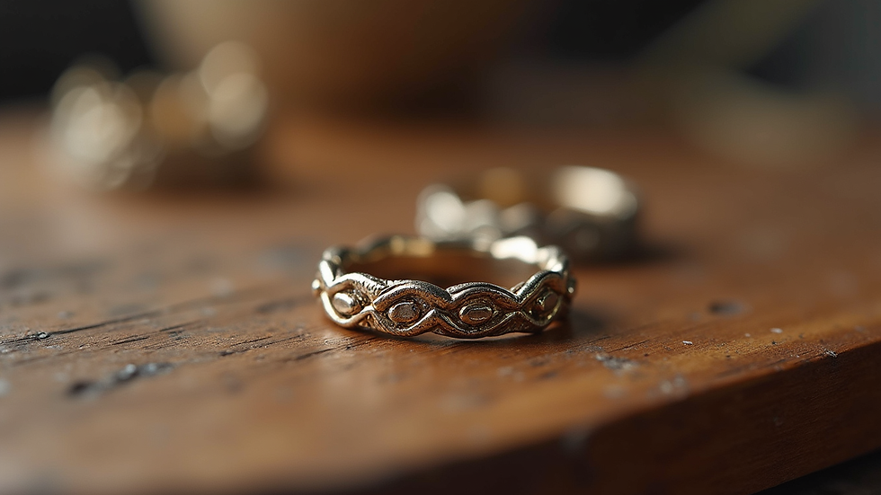 Close-up view of a handcrafted jewelry piece on a wooden table