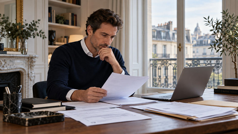Dirigeant examinant des documents de société étrangère dans un bureau en France.