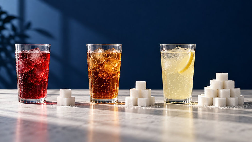 Verres de boissons colorées et morceaux de sucre illustrant les différents seuils de la taxe soda en 2026