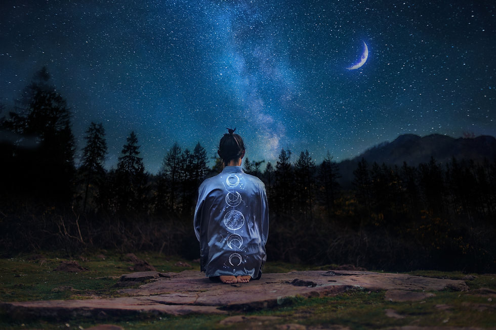 Under a starry sky, a man meditates peacefully on a mountain, surrounded by the serene silhouette of trees and a crescent moon.