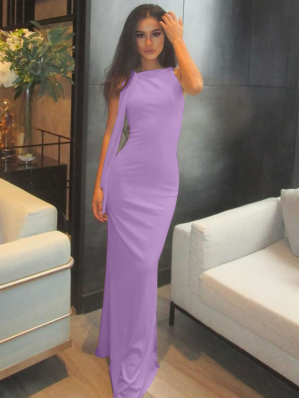 Thumbnail: Hugcitar Fashion Solid O Neck Sleeveless Patchwork Sexy Bodycon Maxi Prom Dress 
