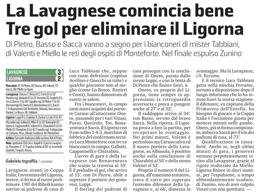 Coppa Italia : la Lavagnese comincia bene, tre gol per eliminare il Ligorna.