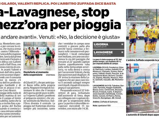 Rassegna stampa: Ligorna - Lavagnese stop dopo mezz'ora per pioggia.