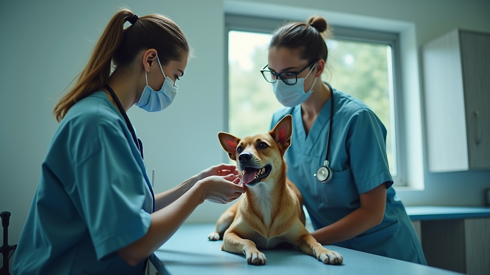 High angle view of a vet examining a dog on the examination table